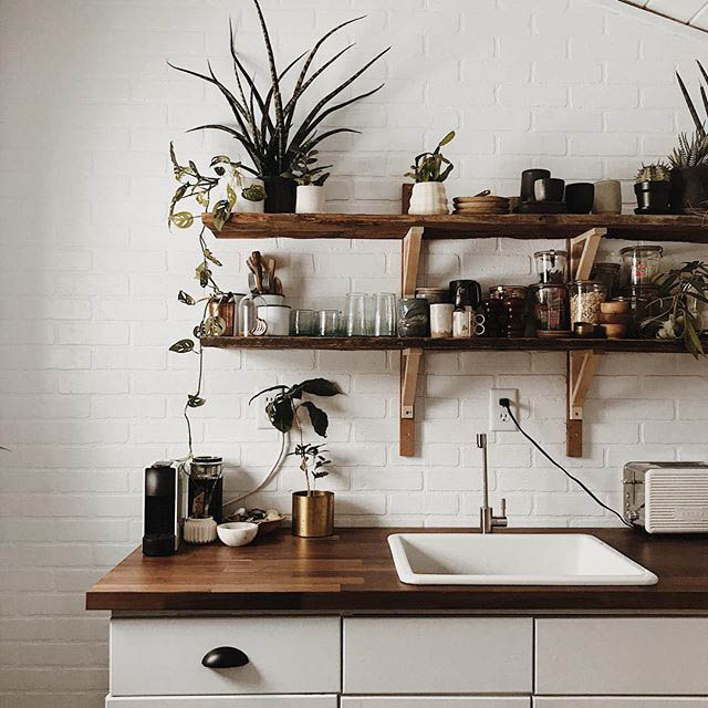 mensole a vista in cucina con bicchieri e piante
